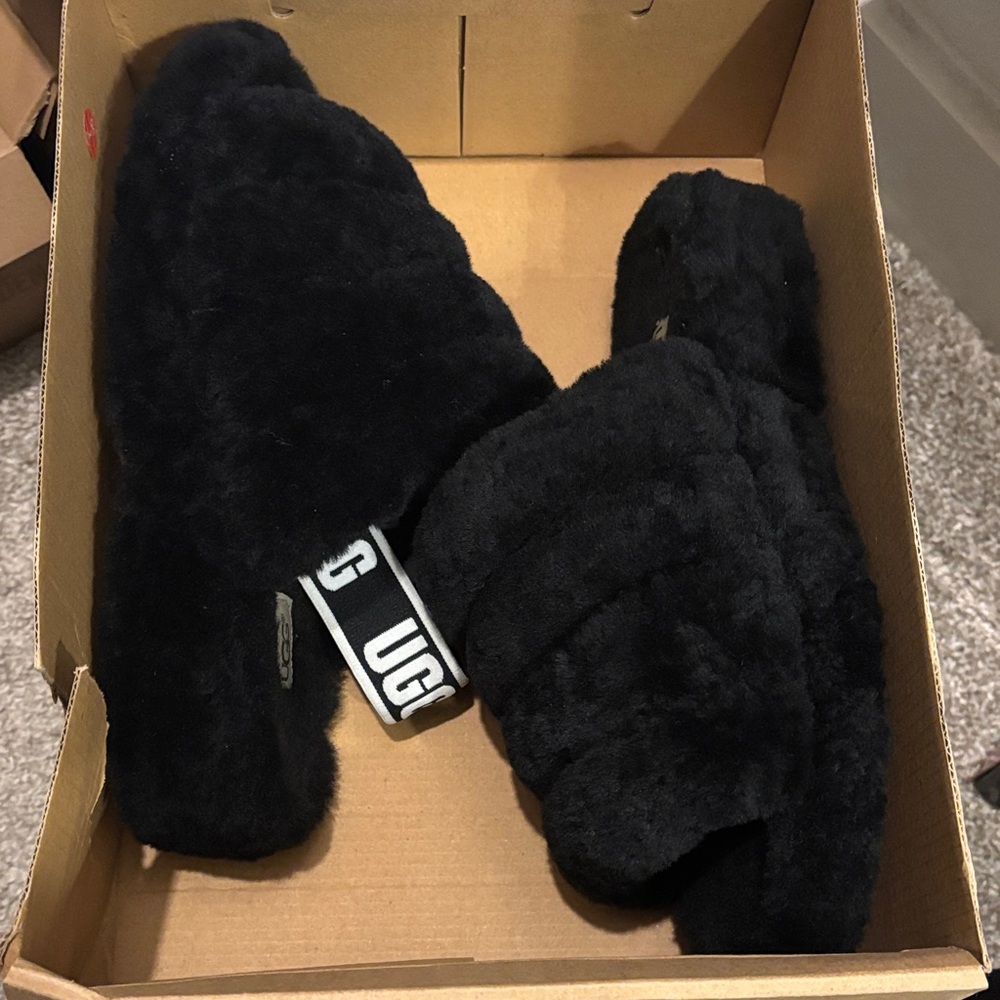 UGG Black Plush Shearling Slide Slippers with Logo Heel Strap